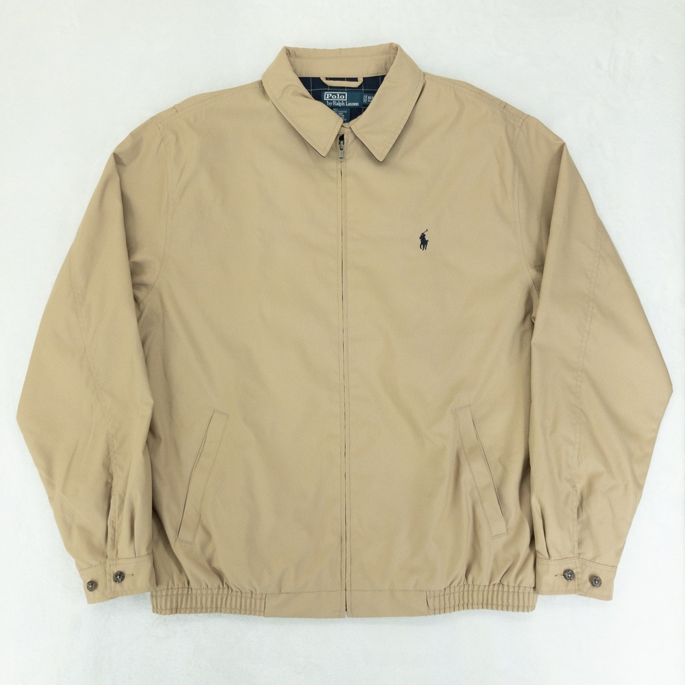 Polo Ralph Lauren Harrington Jacket Mens XLT Tan Full Zip Plaid Lined Microfiber